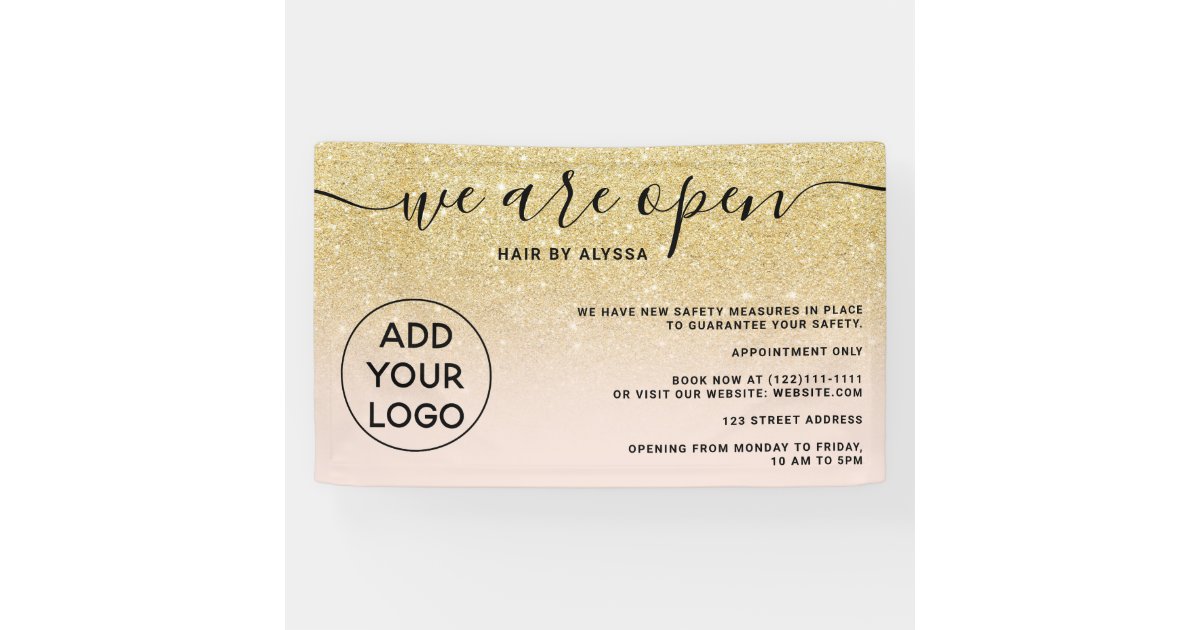 Chic gold glitter ombre logo blush pink We're open Banner | Zazzle