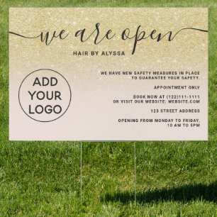 Chic gold glitter ombre logo blush pink We're open Sign