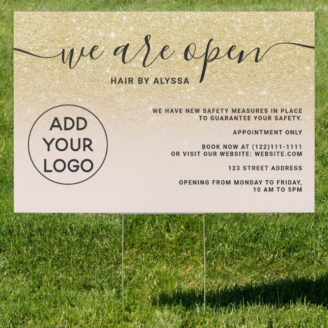 Chic gold glitter ombre logo blush pink We're open Sign (Insitu)