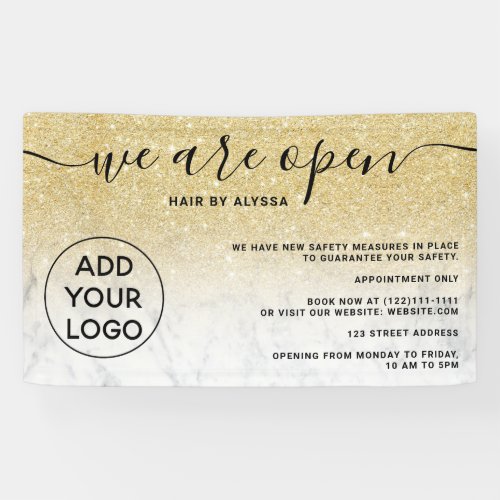 Chic gold glitter ombre logo marble Were open Banner