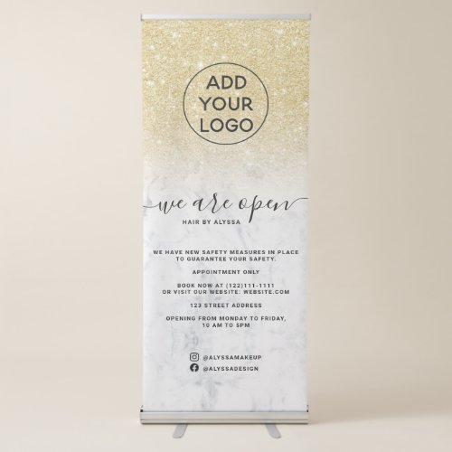 Chic gold glitter ombre logo marble Were open Retractable Banner