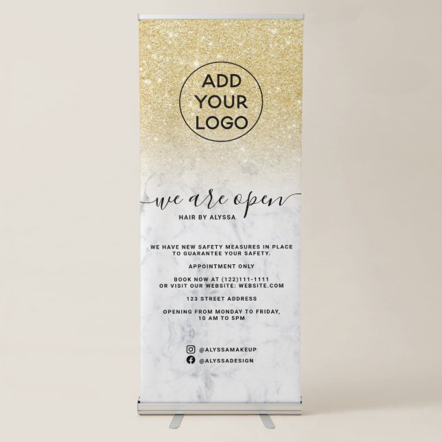 Chic gold glitter ombre logo marble We're open Retractable Banner (Front)