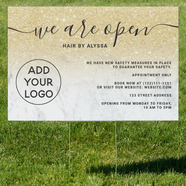 Chic gold glitter ombre logo marble We're open Sign (Insitu)