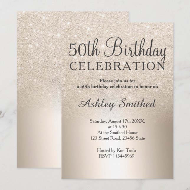 chic gold glitter ombre metallic  50th birthday invitation (Front/Back)