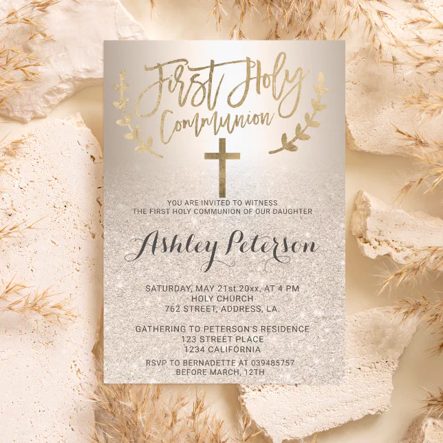chic gold glitter ombre metallic first communion invitation | Zazzle