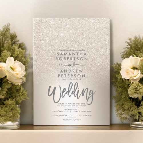 Chic gold glitter ombre metallic foil grey wedding invitation