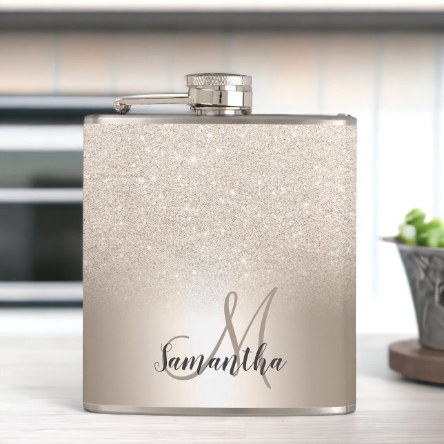 Chic gold glitter ombre metallic foil monogram flask (Chic gold glitter ombre metallic foil monogram flask)