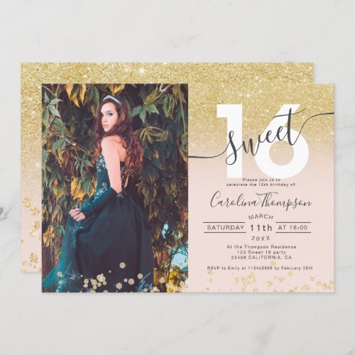 Chic gold glitter ombre photo blush Sweet 16 Invitation