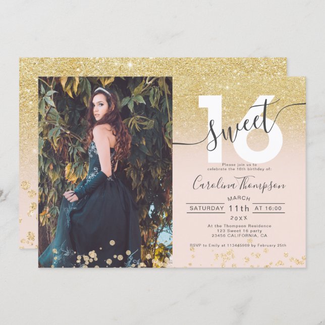 Chic gold glitter ombre photo blush Sweet 16 Invitation (Front/Back)
