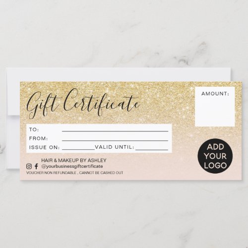 Chic gold glitter ombre pink gift certificate logo