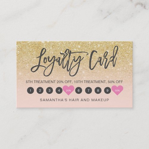 Chic gold glitter ombre script makeup pink 10 loyalty card