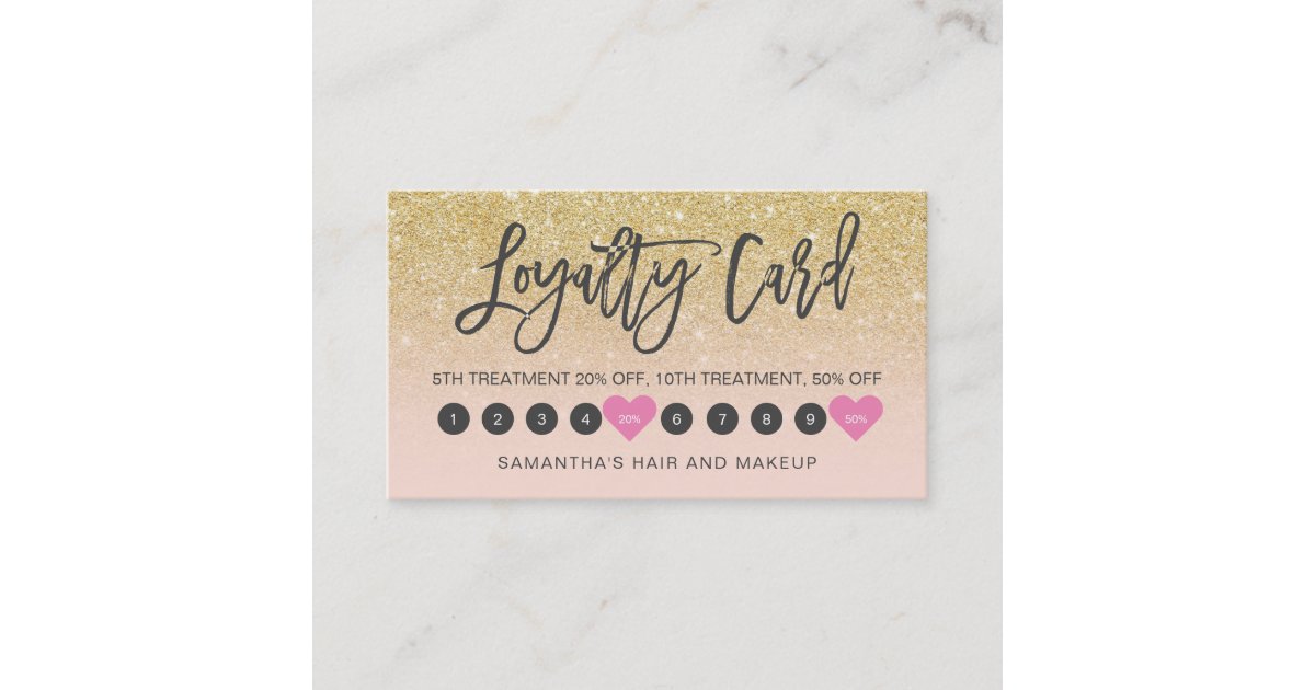 Chic gold glitter ombre script makeup pink 10 loyalty card | Zazzle
