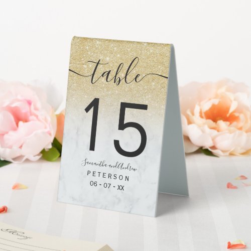 Chic gold glitter ombre white marble wedding table table tent sign