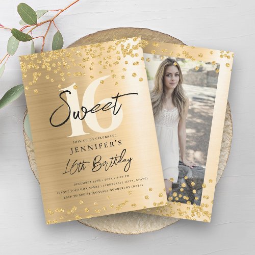 Chic Gold Glitter Photo Sweet 16 Party Invitation
