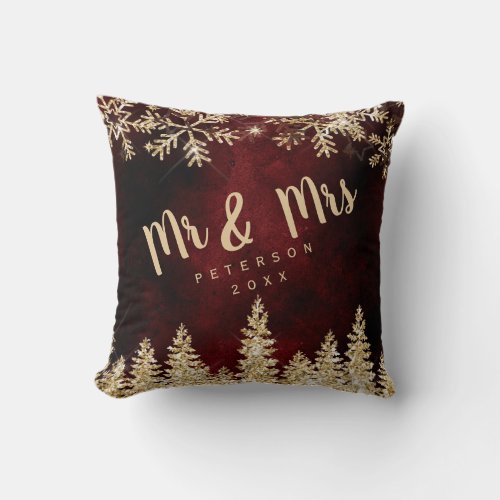 Chic gold glitter pine and snow red Mr  Mrs Throw Pillow