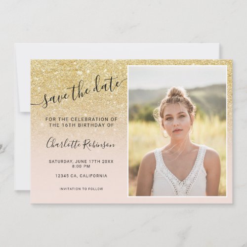 Chic gold glitter pink ombre 3 photos Sweet 16 Save The Date