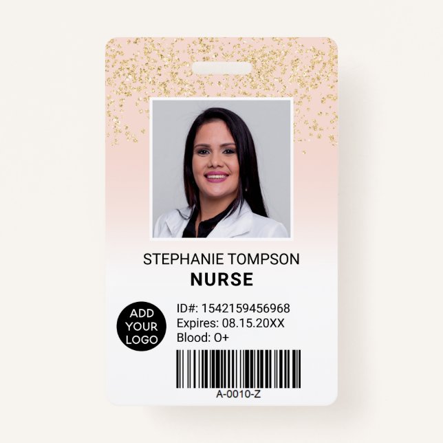 Chic gold glitter pink ombre nurse photo logo code badge (Front)
