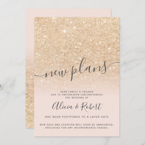 Chic gold glitter pink postponed new plans invitation