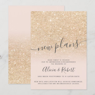 Chic gold glitter pink postponed new plans invitation