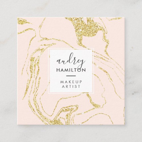 Chic gold glitter pink white marble elegant makeup square business card