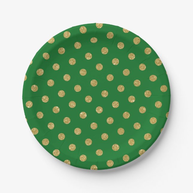 Chic Gold Glitter Polka Dot Green Paper Plates (Front)