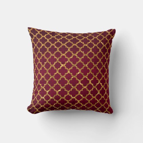 Chic Gold Glitter Quatrefoil Girly Red Burgundy Throw Pillow