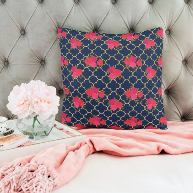 Chic Gold Glitter Quatrefoil Pink Floral Pink Blue Throw Pillow (Creator Uploaded)