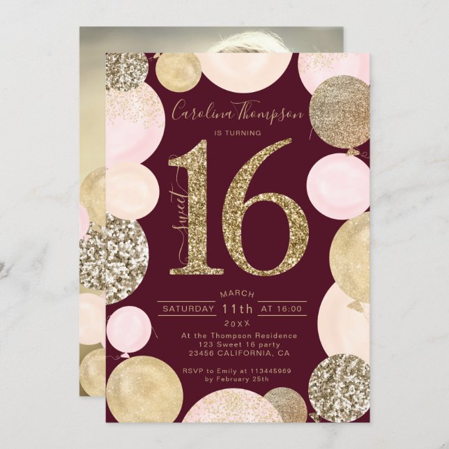 Chic gold glitter red balloon Sweet 16 photo Invitation (Front/Back)