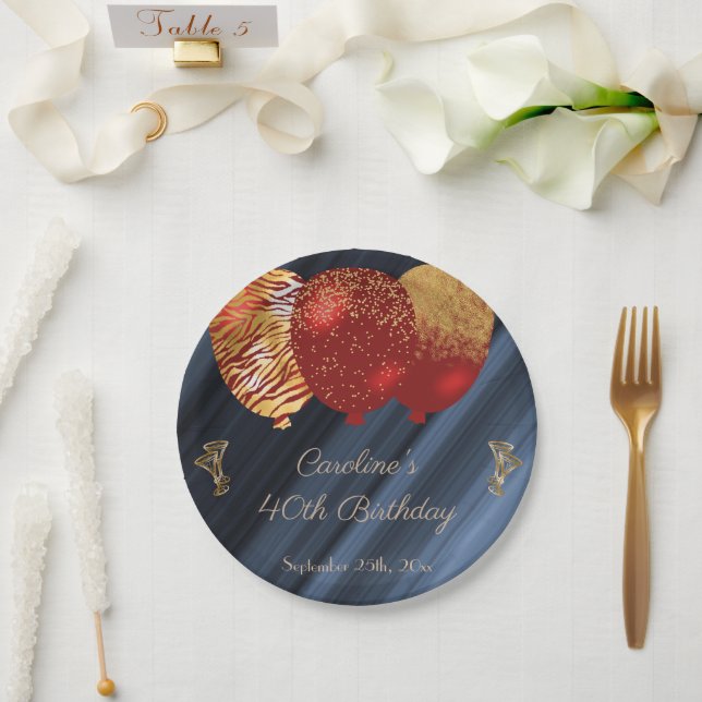 Chic Gold & Glitter Red Balloons Birthday Paper Plates (Wedding)