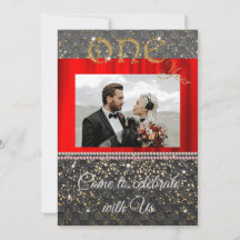 Chic Gold Glitter & Red Silk 1st Anniversary Photo