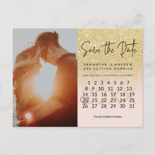 Chic gold glitter save the date photo calendar announcement postcard
