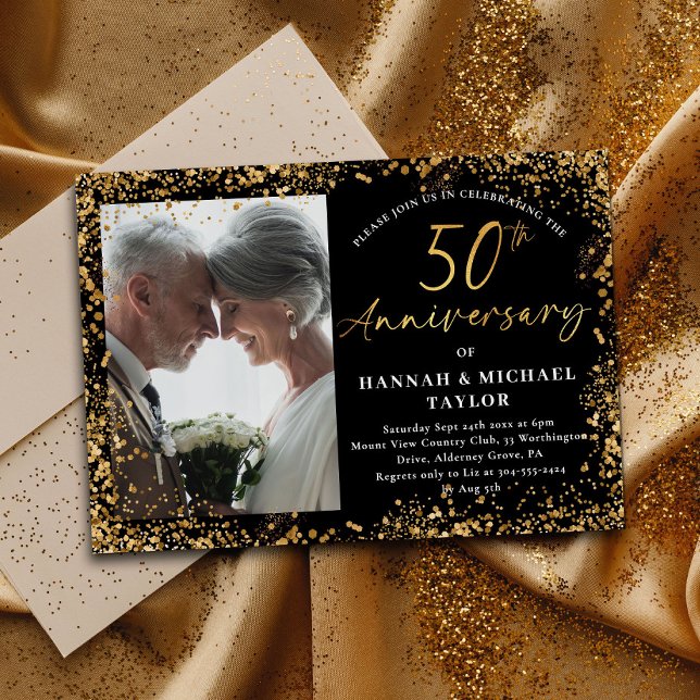 Chic Gold Glitter Script 50th Wedding Anniversary Invitation (Creator Uploaded)