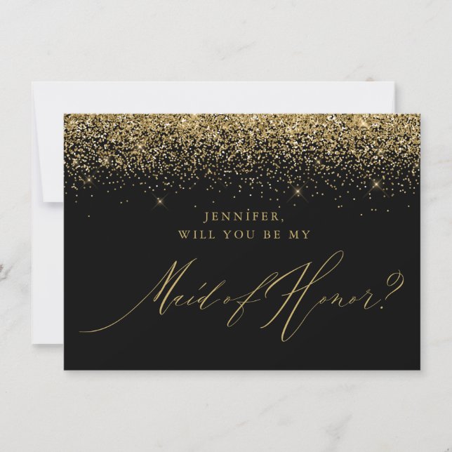 Chic Gold Glitter Script Black Maid of Honor Invitation (Front)