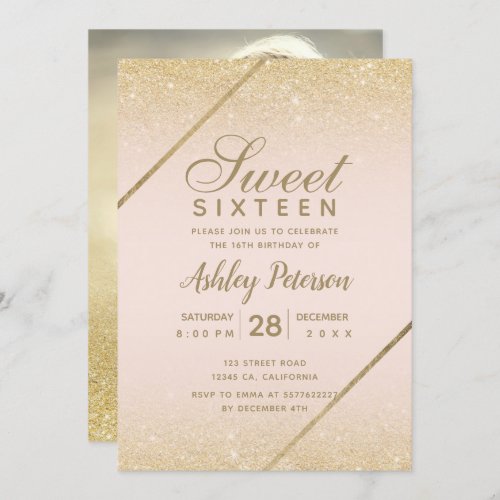 Chic gold glitter script blush pink photo Sweet 16 Invitation