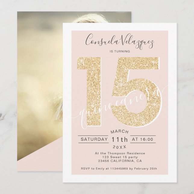 Chic gold glitter script blush quinceanera photo invitation (Front/Back)