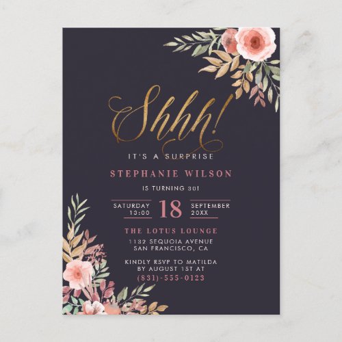 Chic Gold Glitter Script Floral Surprise Birthday Invitation Postcard