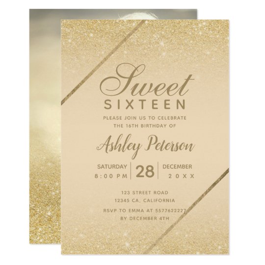 Chic gold glitter script ivory photo Sweet 16 Invitation | Zazzle.com