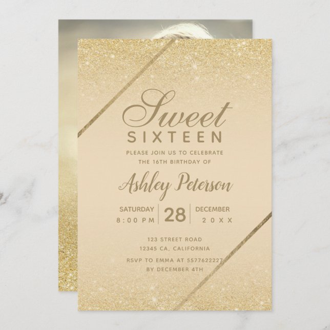 Chic gold glitter script ivory photo Sweet 16 Invitation (Front/Back)