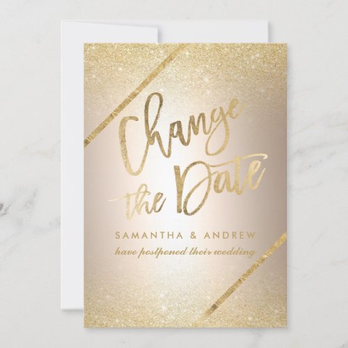 Chic gold glitter script metallic change the date save the date