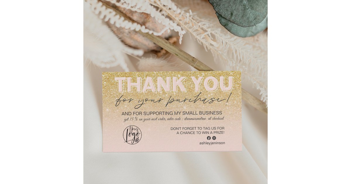 Chic gold glitter script photo logo thank you business card | Zazzle