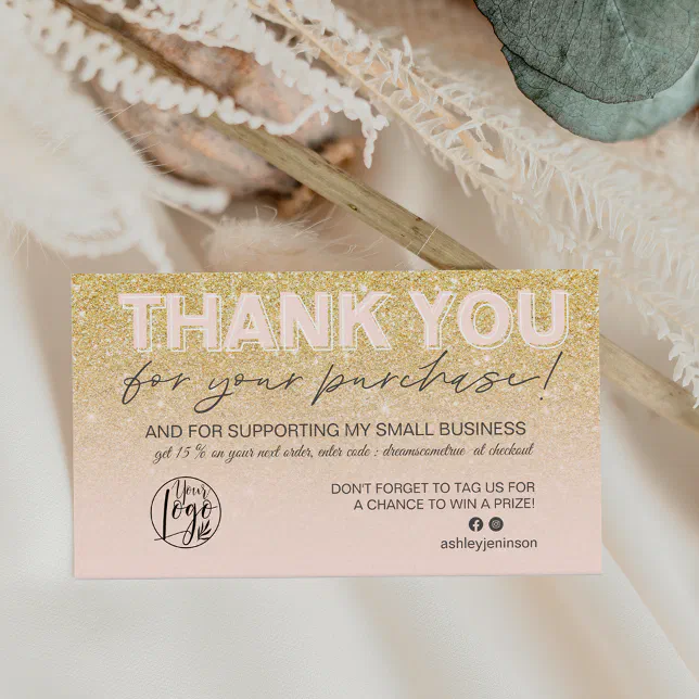 Chic gold glitter script photo logo thank you business card | Zazzle
