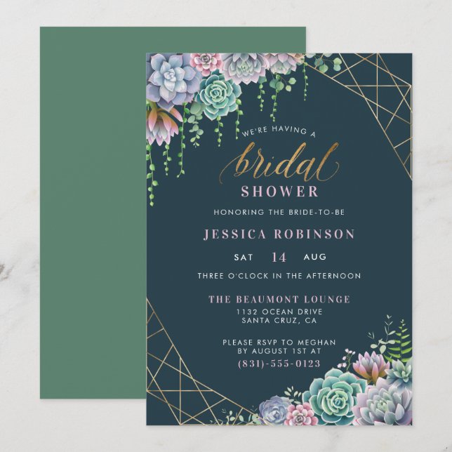 Chic Gold Glitter Script Succulents Bridal Shower Invitation (Front/Back)