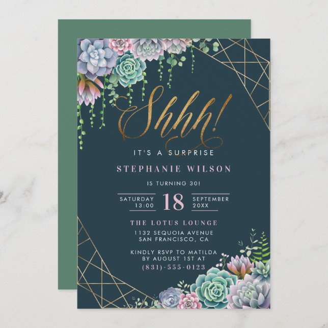 Chic Gold Glitter Script Surprise Birthday Party Invitation (Front/Back)