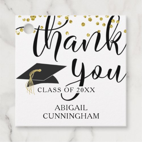 Chic Gold Glitter Script THANK YOU Graduation Cap Favor Tags