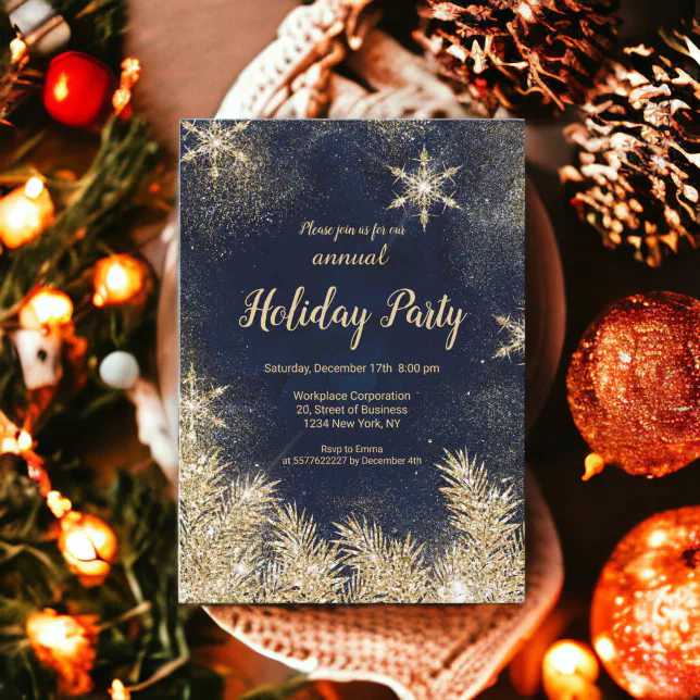 Chic gold glitter snow Christmas corporate holiday Invitation | Zazzle