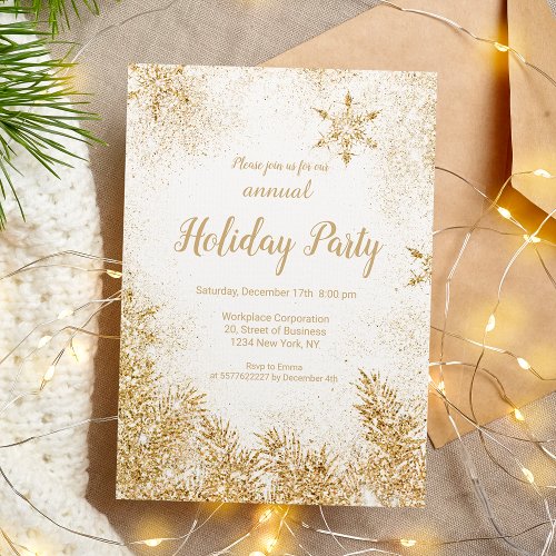 Chic gold glitter snow Christmas corporate white Invitation
