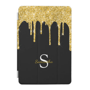 Chic Gold Glitter Sparkle Drip Black Monogram Name iPad Mini Cover