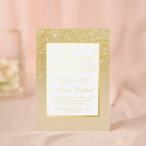 Chic gold glitter sparkles ombre Sweet 16 Foil Invitation