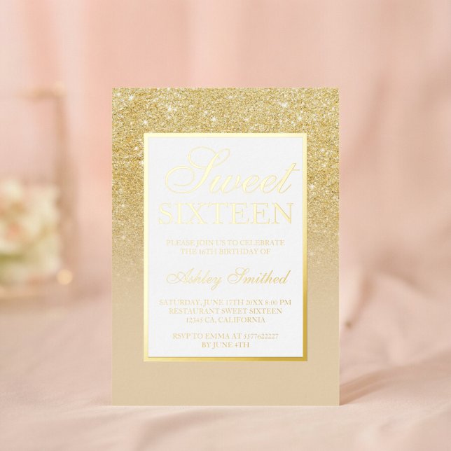 Chic gold glitter sparkles ombre Sweet 16 Foil Invitation (Chic gold glitter sparkles ombre Sweet 16 Foil Invitation)