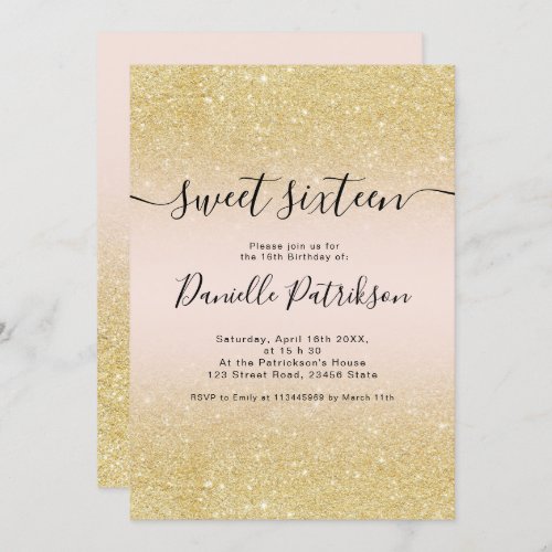 Chic gold glitter sparkles pink ombre sweet 16 invitation